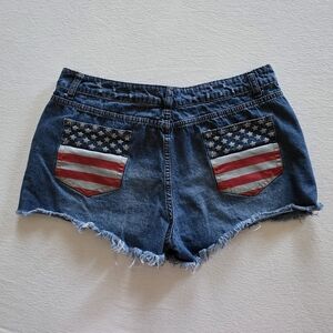 American Flag Pocket Cut Off High Rise Jean Shorts 4 Button Up Fly Distressed